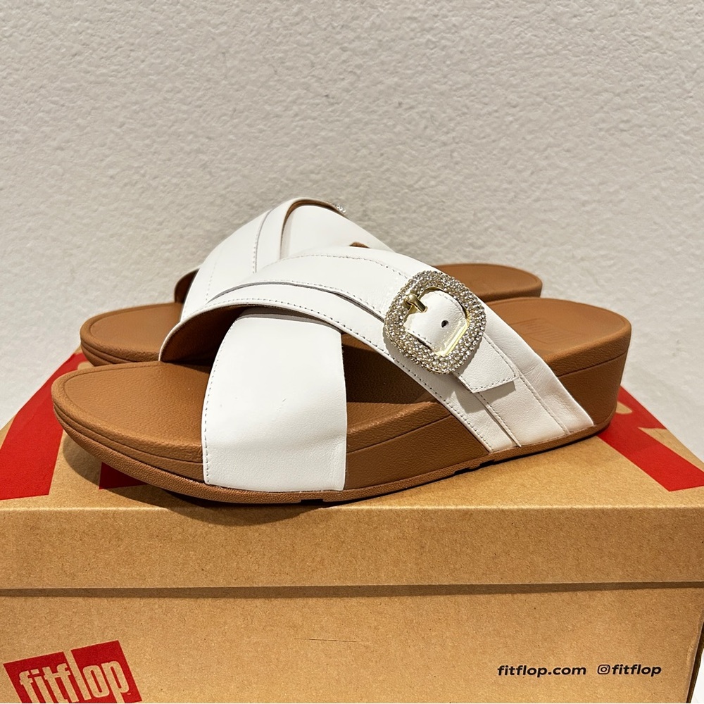 FitFlop Lulu Crystal-Buckle Leather Cross Slides in White, Size 7.5, New in Box